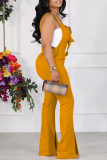 Apricot Casual Solid Backless Slit Spaghetti Strap Regular Jumpsuits