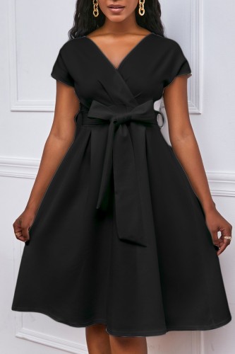 Black Casual Solid Patchwork V Neck A Line Dresses