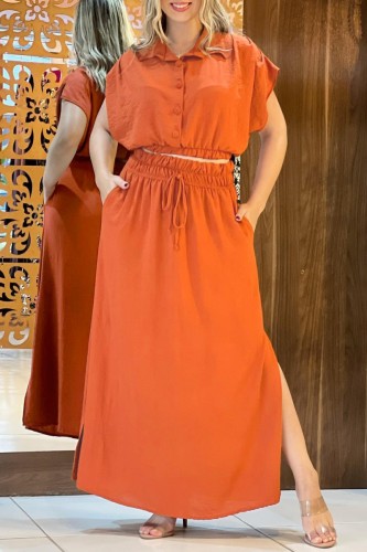 Orange Casual Solid Patchwork Turndown Collar Short Sleeve Two Pieces