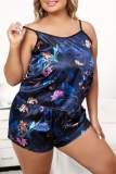 Black Red Living Print Backless Spaghetti Strap Plus Size Sleepwear Two Pieces