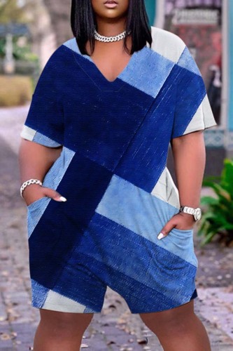 Blue Casual Print Patchwork Oblique Collar Regular Romper