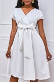 White Casual Solid Patchwork V Neck A Line Dresses