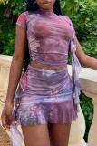 Purple Sexy Print Patchwork O Neck Short Sleeve Two Pieces