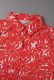 Red Sexy Print Patchwork Knotted Turndown Collar Short Sleeve Two Pieces