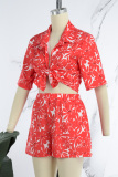 Red Sexy Print Patchwork Knotted Turndown Collar Short Sleeve Two Pieces
