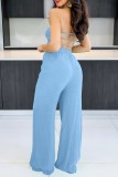 Blue Sexy Casual Solid Bandage Backless Strapless Regular Jumpsuits