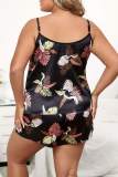 Red Living Print Backless Spaghetti Strap Plus Size Sleepwear Two Pieces