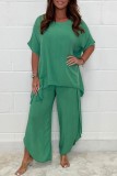 Green Casual Solid Basic O Neck Half Sleeve Two Pieces