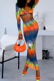 Orange Sexy Print Patchwork V Neck Long Sleeve Two Pieces
