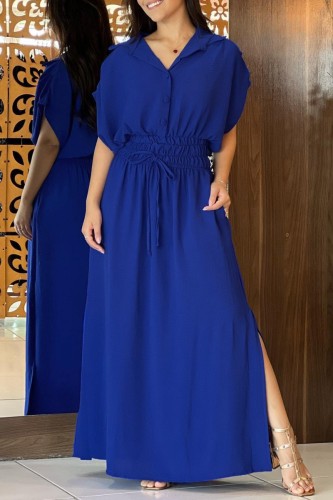 Blue Casual Solid Patchwork Turndown Collar Short Sleeve Two Pieces
