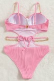 Light Pink Sexy Solid Hollowed Out Frenulum Backless Swimwears (With Paddings)