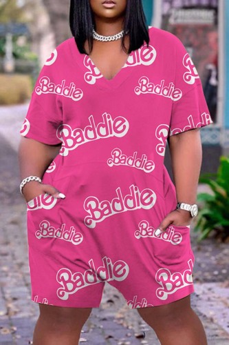 Pink Casual Print Patchwork Oblique Collar Regular Romper