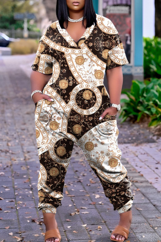 Coffee Casual Print Patchwork V Neck Regular Jumpsuits