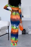Orange Sexy Print Patchwork V Neck Long Sleeve Two Pieces