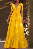 Yellow Casual Solid Bandage V Neck Long Dress Dresses