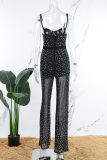 Black Sexy Patchwork Hot Drilling Backless Spaghetti Strap Skinny Jumpsuits (Subject To The Actual Object)