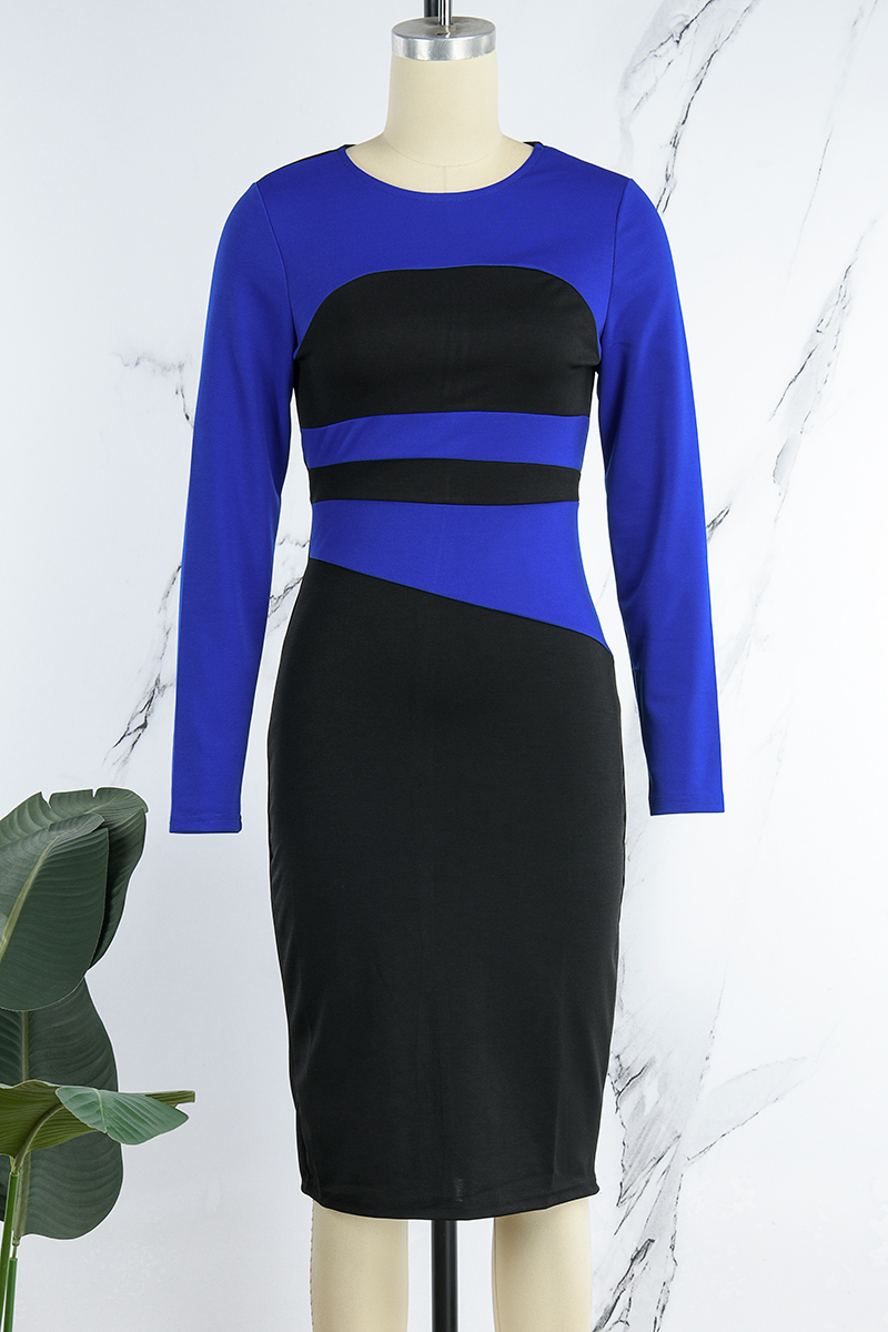 Wholesale Royal Blue Casual Patchwork Contrast O Neck Long Sleeve ...