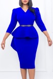 Blue Casual Solid Patchwork With Belt V Neck Wrapped Skirt Dresses