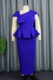 Blue Casual Solid Patchwork Oblique Collar One Step Skirt Dresses