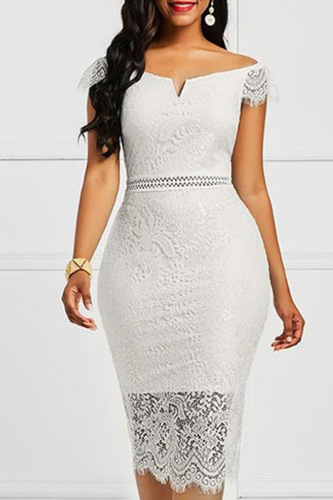 White Casual Solid Patchwork V Neck One Step Skirt Dresses