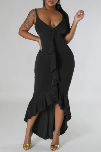 Black Casual Solid Patchwork Backless Flounce Spaghetti Strap Irregular Dress Dresses
