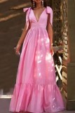 Pink Casual Solid Bandage V Neck Long Dress Dresses
