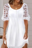 White Casual Solid Hollowed Out O Neck A Line Short Sleeve Dress