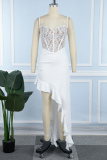White Sexy Solid Lace Flounce Spaghetti Strap Irregular Dress Dresses