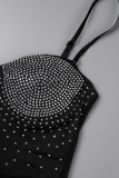 Black Sexy Patchwork Hot Drilling Spaghetti Strap Sleeveless Dress Dresses