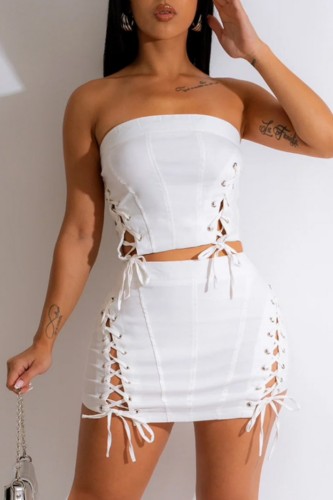 White Black Sleeveless Lace Up Cut-Out Crop Tube Top and Bodycon Mini Skirt Nighit Out Prom Partey Two Piece Dress Set