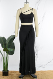 Black Sexy Casual Solid Tassel Patchwork Backless Spaghetti Strap Sleeveless Two Pieces