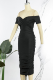 Burgundy Casual Solid Fold Off the Shoulder Short Sleeve Dress