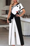 Yellow White Casual Print Patchwork Oblique Collar Regular Jumpsuits