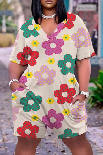 Apricot Casual Print Patchwork Oblique Collar Regular Romper