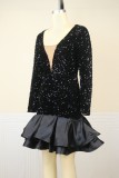Black Party Formal Sequins Patchwork V Neck A Line Dresses