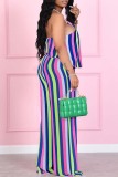 Rose Pink Sexy Casual Striped Print Basic Spaghetti Strap Sleeveless Two Pieces