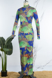 Green Casual Print Basic Half A Turtleneck Long Sleeve Dresses