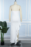 White Sexy Solid Lace Flounce Spaghetti Strap Irregular Dress Dresses