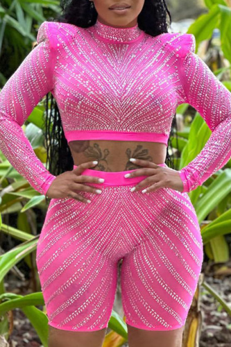 Pink Elegant Solid Mesh Hot Drill Half A Turtleneck Long Sleeve Two Pieces