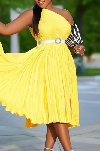 Yellow Casual Solid Backless With Belt Oblique Collar Sleeveless Dress Dresses