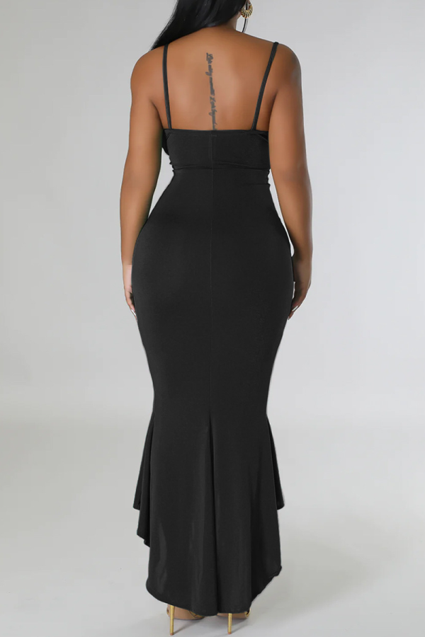 TAVIMART  -  Women Sexy V-neck Lace Patchwork Black Dress Y2K Streetwear Fashion Spaghetti Strap Irregular Split Solid Long Slip Dresses