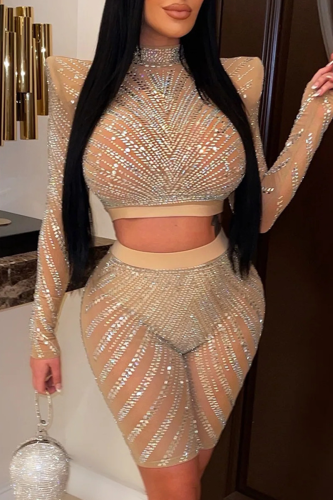 Apricot Elegant Solid Mesh Hot Drill Half A Turtleneck Long Sleeve Two Pieces