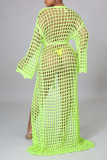 Fluorescent Green Sexy Solid Bandage Hollowed Out Patchwork Swimwears Cover Up