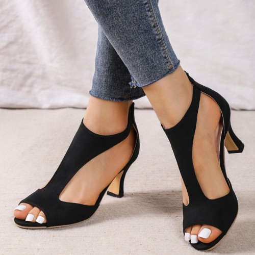 Black Casual Hollowed Out Patchwork Fish Mouth Out Door Shoes (Heel Height 2.75in) Black Casual Hollowed Out Patchwork Fish Mouth Out Door Shoes (Heel Height 2.75in)