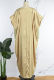 Earth Yellow Casual Solid Patchwork O Neck Long Dress Dresses