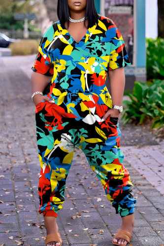 Black Casual Print Patchwork V Neck Regular Jumpsuits