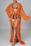 Tangerine Red Sexy Solid Bandage Hollowed Out Patchwork Swimwears Cover Up