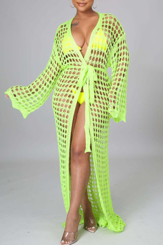 Fluorescent Green Sexy Solid Bandage Hollowed Out Patchwork Swimwears Cover Up