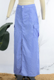 Blue Casual Striped Pocket Slit High Waist Conventional Skirt