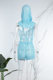 Sky Blue Sexy Solid Bandage Backless Hooded Collar Sleeveless Two Pieces